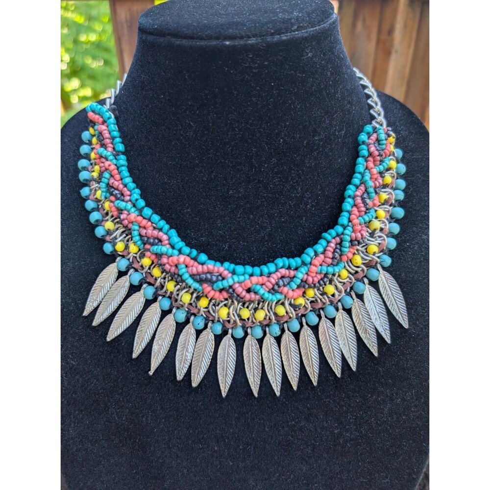 Zara Beaded Choker Necklace Feather Charms Boho Festival Tribal Statement Native
